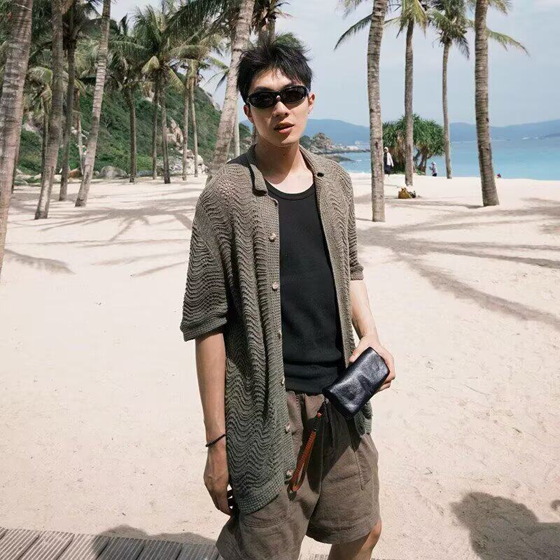 美式复古老钱风古巴领衬衫男夏薄款潮流高级感镂空针织衬衣C04P45，男装衬衫，星座1013-3