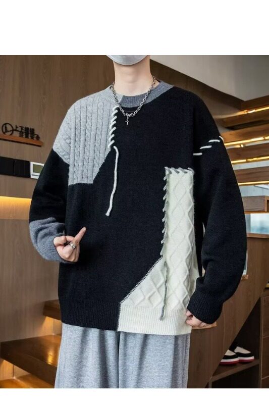 拼接撞色毛衣男冬季美式休闲个性针织衫宽松慵懒风毛线衣M300P55图片
