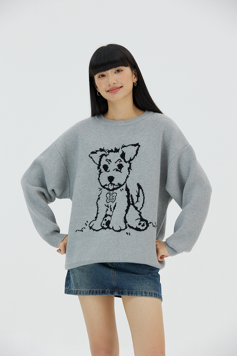 SYMOCOLOR 狗狗图案毛衣慵懒风套头针织衫春秋季休闲显瘦男女外套