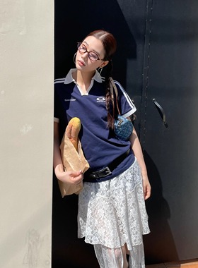 SYMOCOLOR美式撞色印花翻领短袖T恤新款百搭复古显瘦辣妹polo上衣