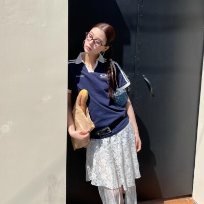 SYMOCOLOR美式撞色印花翻领短袖T恤新款百搭复古显瘦辣妹polo上衣