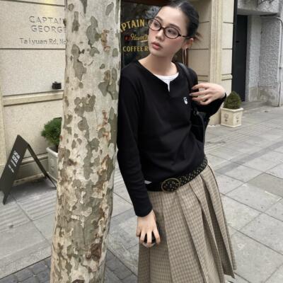 SYMOCOLOR假两件刺绣logo长袖T恤复古老钱风通勤休闲长袖上衣女