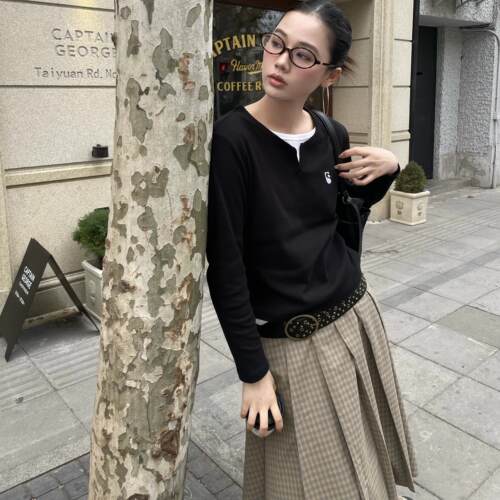 SYMOCOLOR假两件刺绣logo长袖T恤复古老钱风通勤休闲长袖上衣女