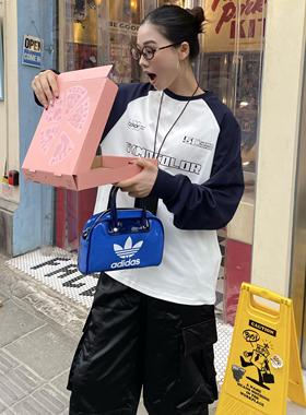 SYMOCOLOR基础圆领字母印花插肩袖拼色T恤休闲宽松百搭长袖上衣