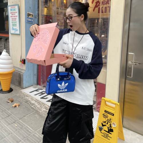 SYMOCOLOR基础圆领字母印花插肩袖拼色T恤休闲宽松百搭长袖上衣