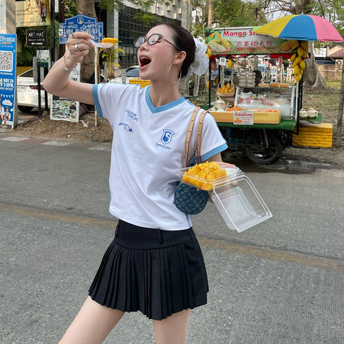 SYMOCOLOR 美式复古v领短袖T恤女正肩夏季运动风拼接短款撞色上衣