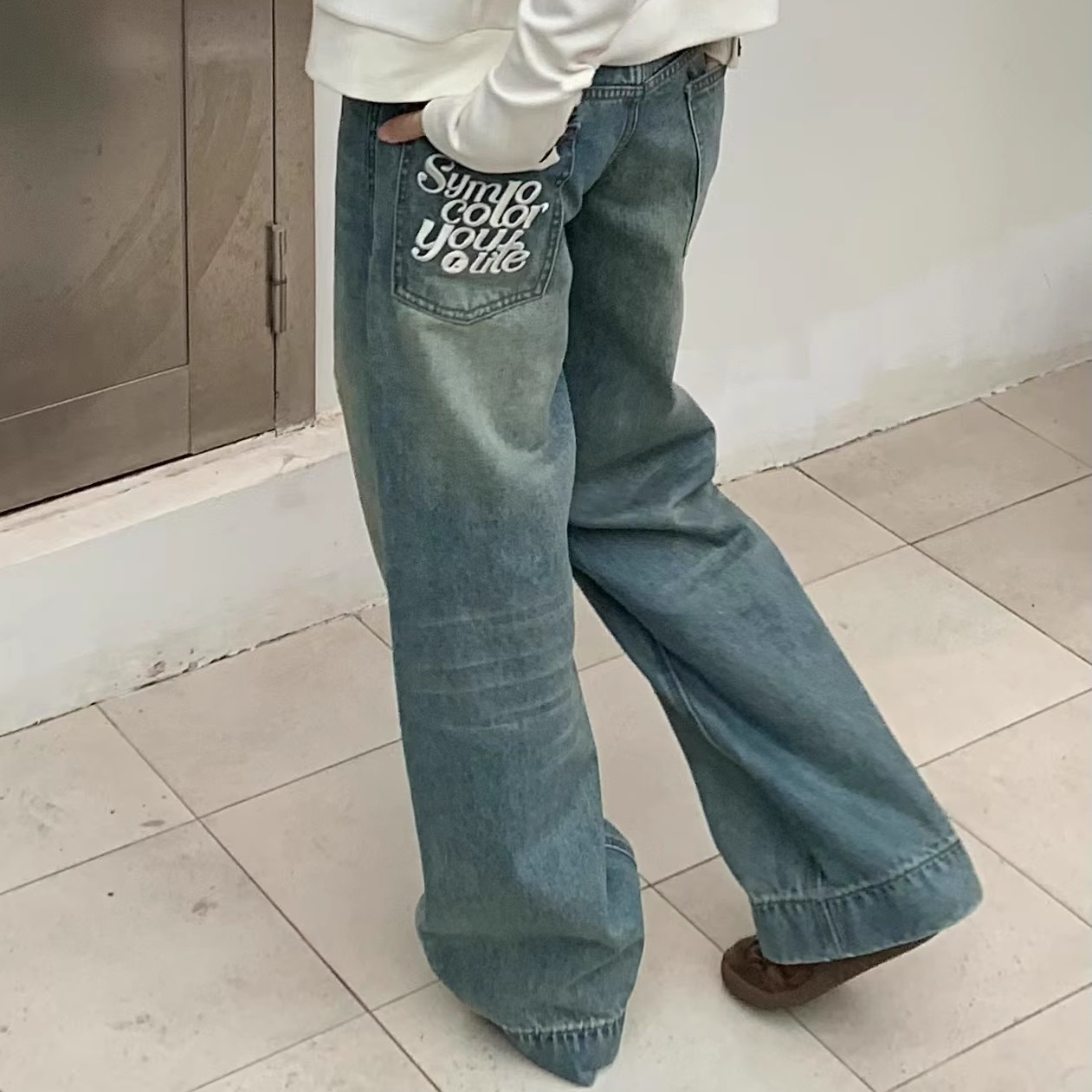 SYMOCOLOR 直筒低腰牛仔裤男女复古蓝色做旧水洗破洞宽松阔腿长裤