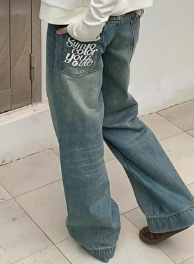 SYMOCOLOR 直筒低腰牛仔裤男女复古蓝色做旧水洗破洞宽松阔腿长裤