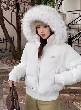 SYMOCOLOR 冬季短款泡泡纱毛领连帽羽绒服收腰显瘦高级感羽绒外套