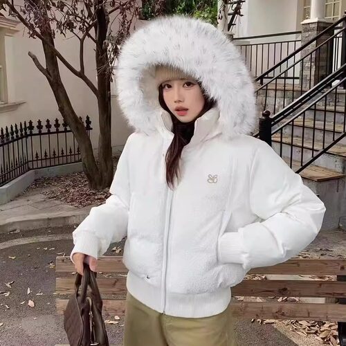 SYMOCOLOR 冬季短款泡泡纱毛领连帽羽绒服收腰显瘦高级感羽绒外套
