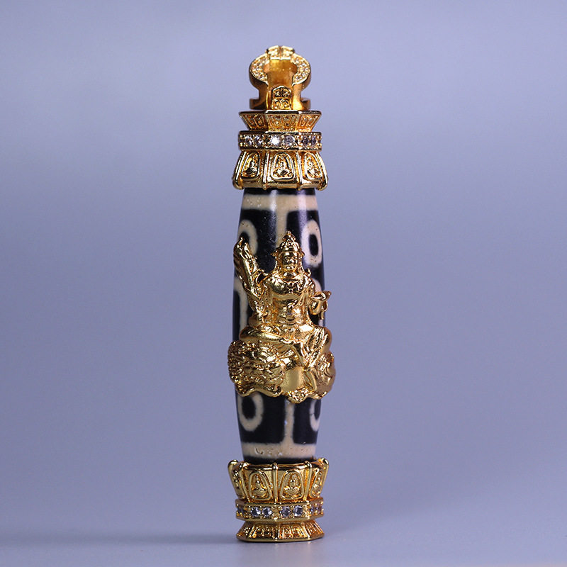 5A级西藏天然真品老原石玛瑙九眼天珠镶嵌虚空藏菩萨吊坠14*56mm