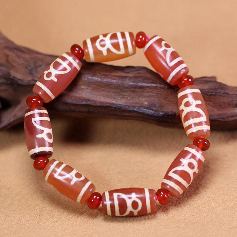 5A天然西藏真品老矿原石玛瑙财神虎牙大鹏鸟水纹天珠手串10*19mm