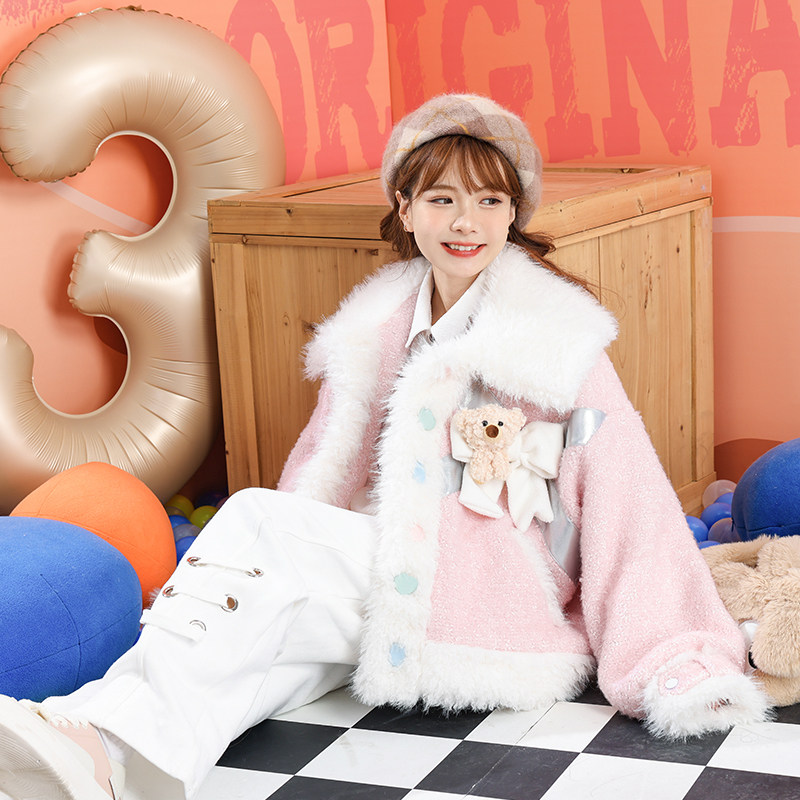 25冬款甜美少女彩色扣子蝴蝶结小熊毛毛翻领宽松粉色羊毛毛呢外套,女装/女士精品,毛呢外套,淘宝优惠券,粉丝福利购,淘宝优惠卷