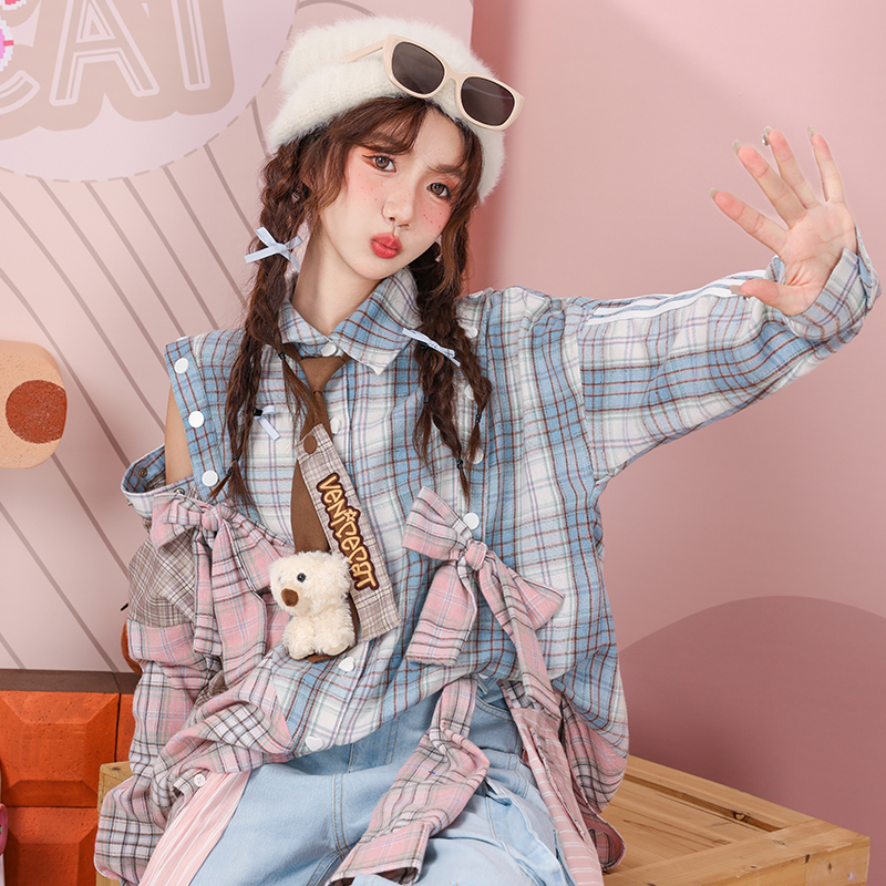 长袖衬衫拼色露肩蝴蝶结格子