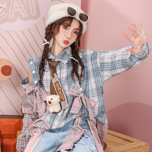 长袖衬衫拼色露肩蝴蝶结格子