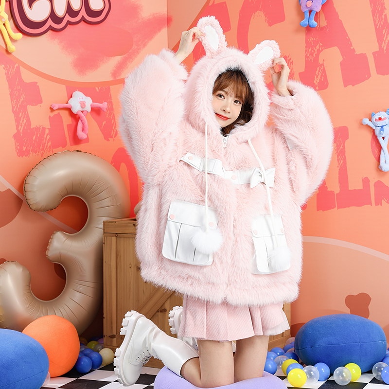 甜美兔耳朵粉色皮草毛毛外套