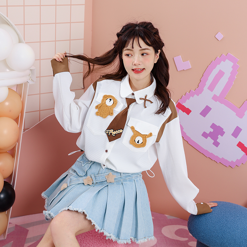 短款学院风长袖钩针小熊衬衫