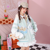 春装 少女不对称连帽卫衣拼接双门襟假两件绿色宽松运动棒球服外套