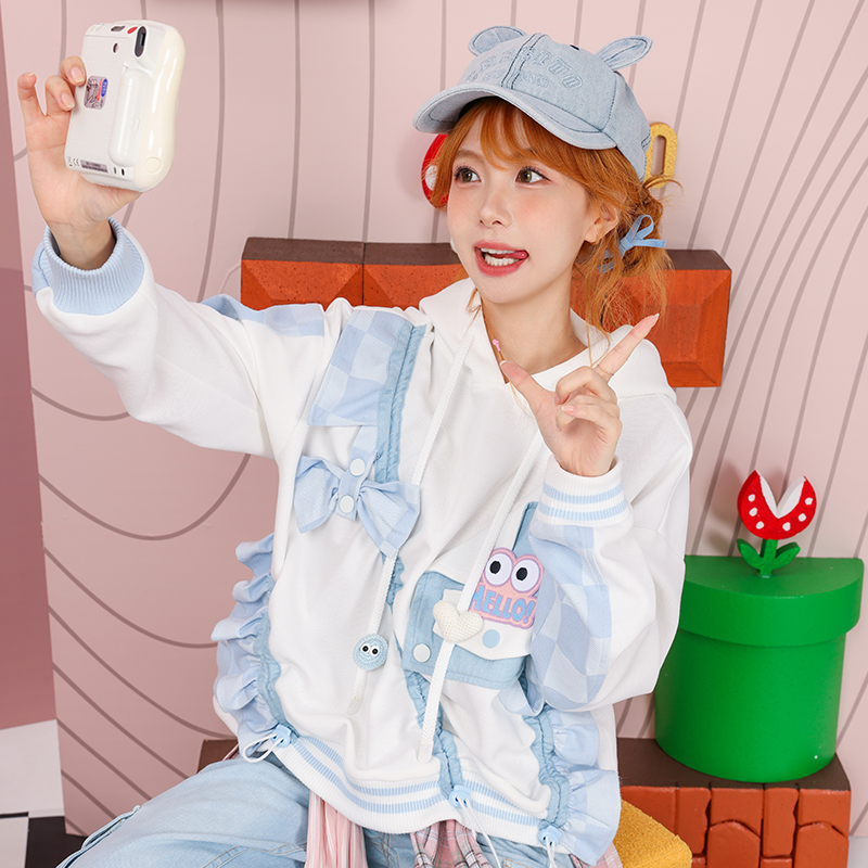 荷叶边抽绳连帽卫衣甜美百搭