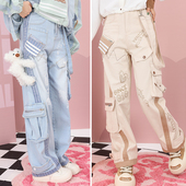 牛仔裤 裤 工装 26春甜酷多口袋机能风涂鸦印花小熊飘带宽松休闲长裤