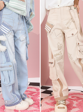 26春甜酷多口袋机能风涂鸦印花小熊飘带宽松休闲长裤工装裤牛仔裤