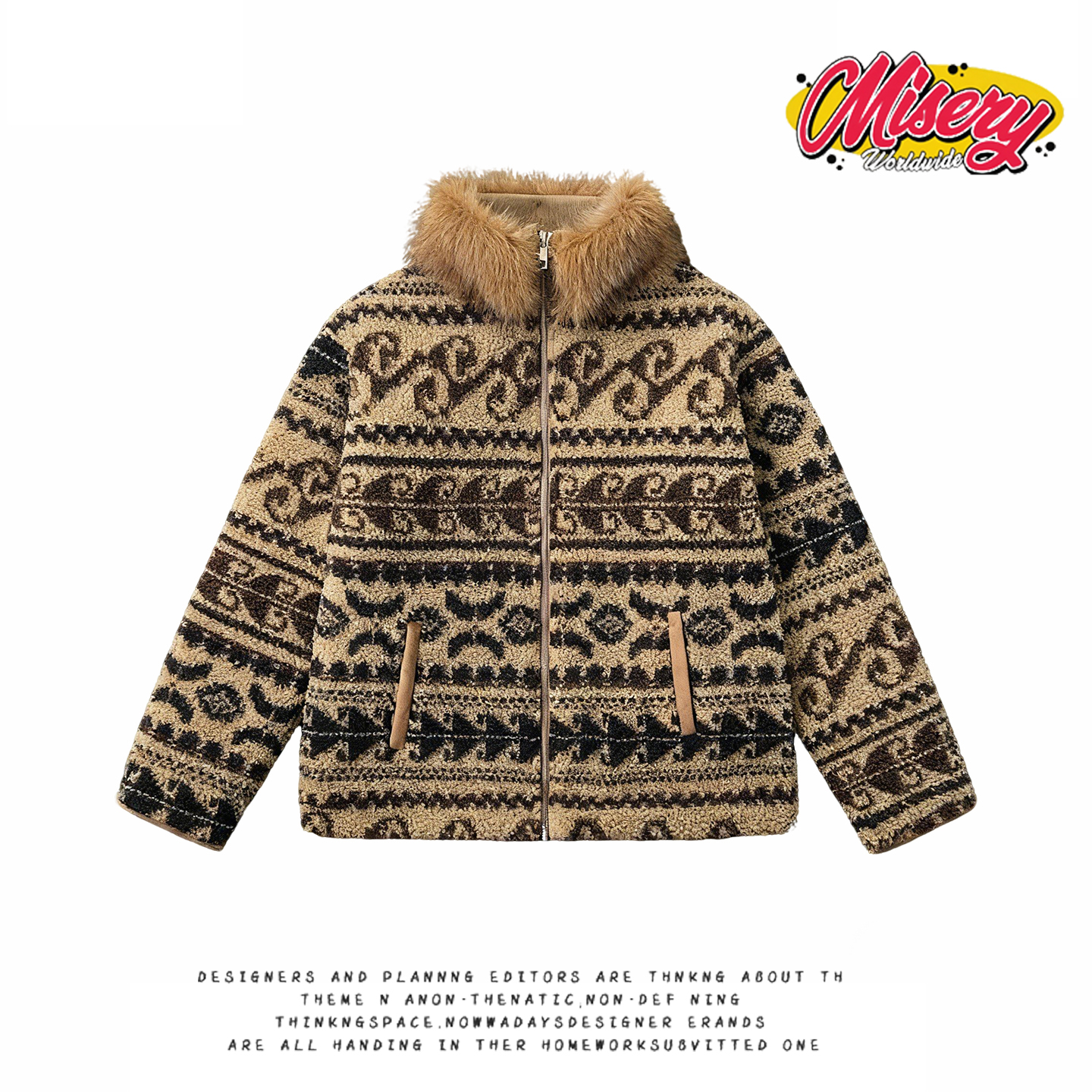 美式费尔岛风毛领羊羔毛外套女冬季民族感花纹拉链开衫显瘦棉服厚