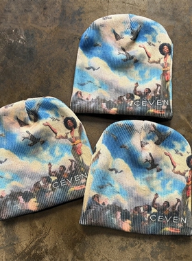 美式复古艺术风印花针织帽天空人物油画设计千禧街头套头保暖冷帽