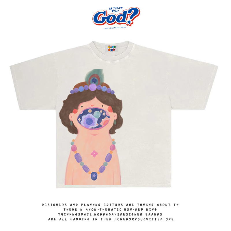 造物GOODGOD 夏季时尚嘴里的糖果印花半袖遮屁股休闲百搭短袖t恤