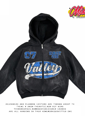 y2k hoodie~美式复古字母印花连帽卫衣男女宽松bf风拉链外套黑色