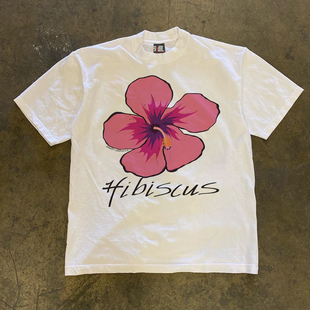 复古Hibiscus木槿花T恤夏威夷风粉色花卉美式休闲短袖男女情侣款