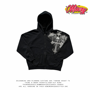 y2k 宽松高街潮流黑色 hoodie叛逆街头风印花连帽拉链卫衣男女同款