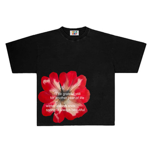 T恤男女款 设计感印花休闲字母短袖 红色花瓣男女同款 造物GOODGOD