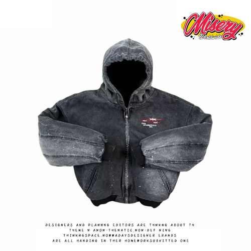 y2k hoodie~街头风连帽卫衣男宽松做旧拉链外套黑色长袖潮牌