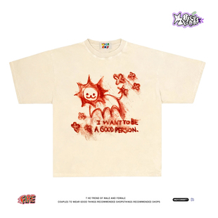 T恤男女 小众原创260克重磅纯棉短袖 小众党软萌太阳暗黑画风 美式