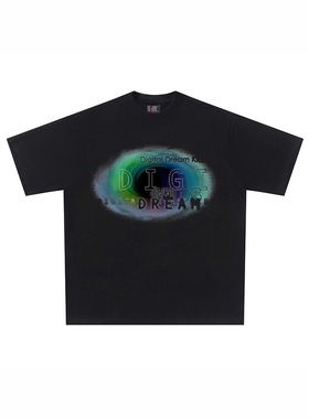 28blocks美式复古黑色旋涡字母印花短袖t恤女宽松潮牌高街上衣