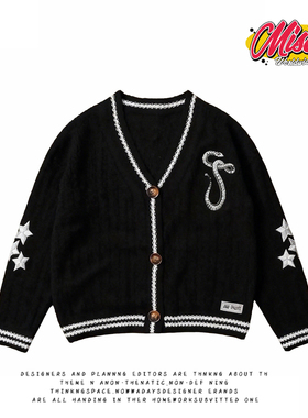 y2k hoodie~暗黑少女风星星刺绣V领开衫女黑色宽松长袖针织外套