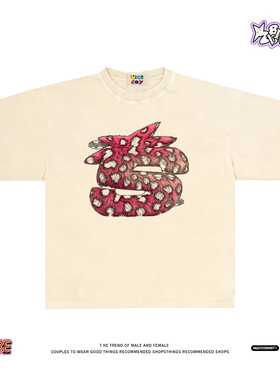 怪异萌字母~美式小众复古短袖T恤男女宽松重磅纯棉情侣款夏季上衣