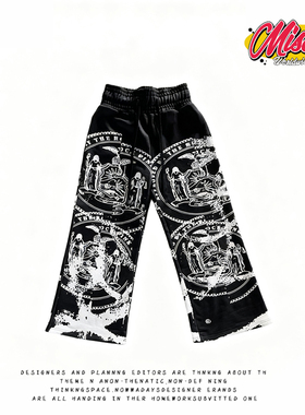 y2k hoodie~高街风宽松绑绳卫裤黑色印花图案暗黑动漫街头风长裤