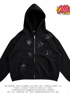 y2k hoodie美式复古星星烫钻连帽卫衣女黑色拉链开衫宽松显瘦外套