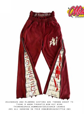 嘻哈街头风字母印花拼接不对称红色宽松直筒长裤女潮牌运动休闲裤