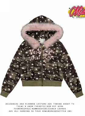 y2k hoodie~美式复古星星迷彩毛领连帽卫衣男女宽松短款外套潮