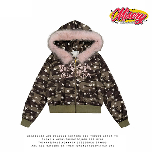 复古星星迷彩毛领连帽卫衣男女宽松短款 美式 外套潮 hoodie y2k