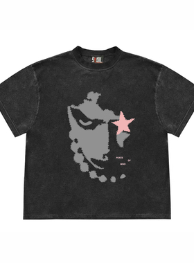 28blocks黑色短袖t恤女2024新款美式模糊头像印花宽松潮牌上衣ins