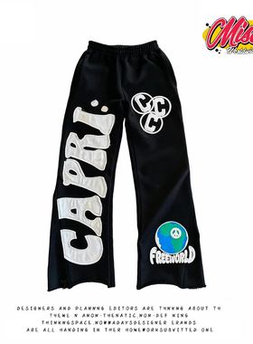 y2k hoodie~小众复古高街风黑色字母印花卫裤男宽松美式潮牌长裤