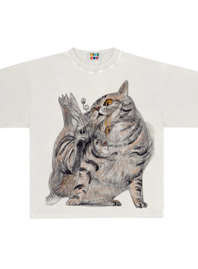 造物GOODGOD 2025夏季新款挠痒小猫咪小众设计感印花宽松短袖T恤