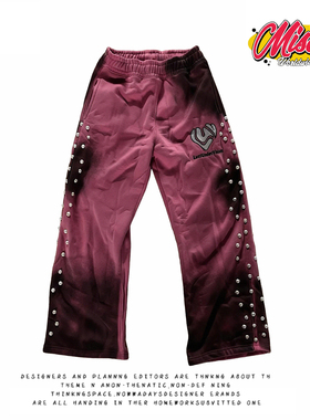 y2k hoodie~美式高街风排扣装饰卫裤男宽松洗水紫色长裤潮牌街头