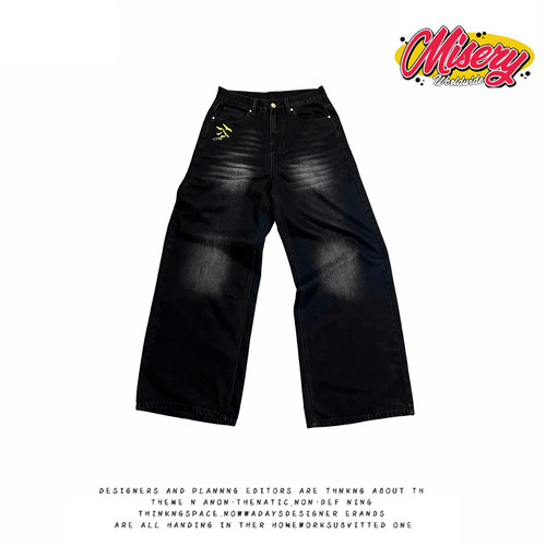 y2k hoodie~美式复古水洗做旧牛仔裤女高腰直筒宽松刺绣黑色长裤