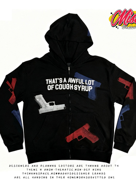 y2k hoodie~高街风黑色连帽拉链卫衣男女潮流印花字母宽松外套