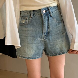 hers 一勺甜 夏季韩系清爽浅蓝色牛仔短裤女百搭日常休闲裤08222