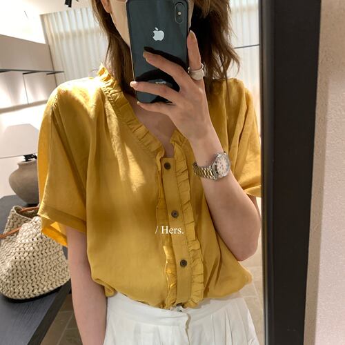 hers 一勺甜 夏季韩系木耳边V领天丝亚麻衬衫女松弛感上衣80445